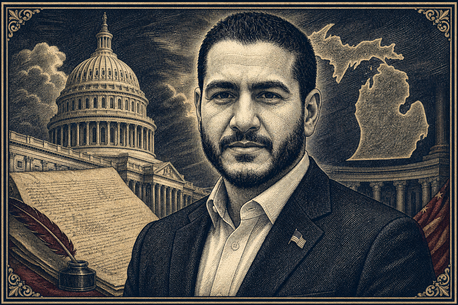 Engraved editorial portrait of Abdul El-Sayed with the U.S. Capitol, a Constitution parchment, and the outline of Michigan.
