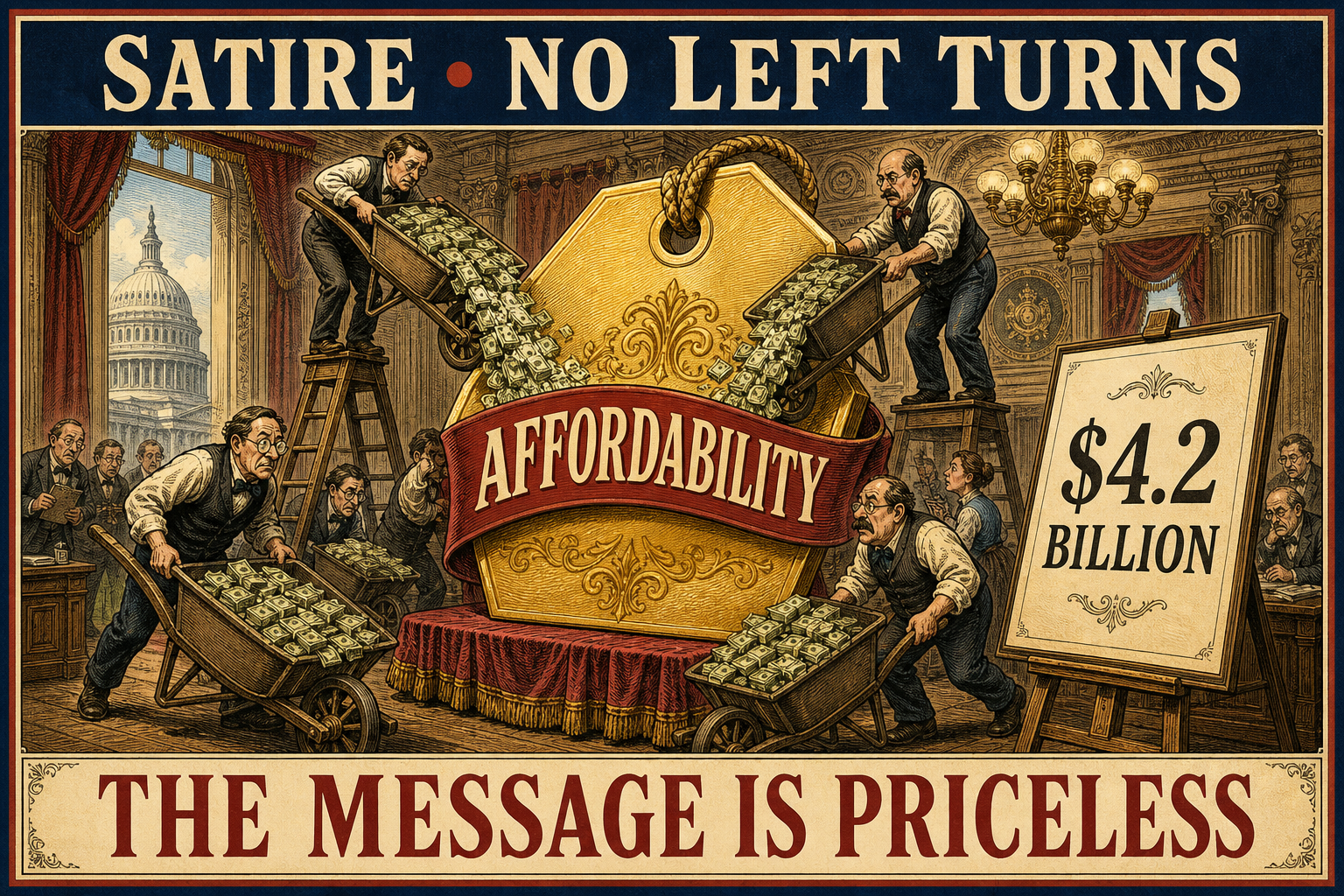 Satirical editorial illustration of government workers unveiling a lavish Affordability campaign logo beside a $4.2 billion invoice in a congressional committee room.