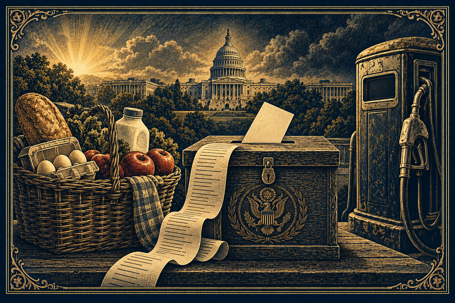 Navy-and-gold engraved editorial illustration of groceries, a long receipt, a ballot box, a gasoline pump, and the U.S. Capitol.