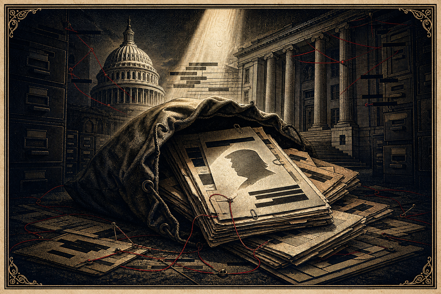 Engraved editorial illustration of an open burn bag spilling redacted FBI dossiers in a hidden records room, with the U.S. Capitol illuminated behind it.