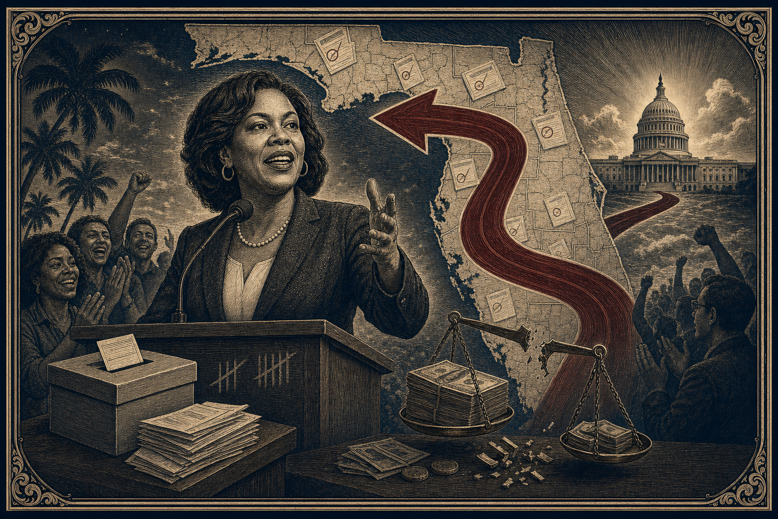 Engraved editorial illustration of Angie Nixon at an election-night podium beside a Florida map, ballot papers, a broken campaign-finance scale, and an oxblood road making a sharp left turn toward the U.S. Capitol.