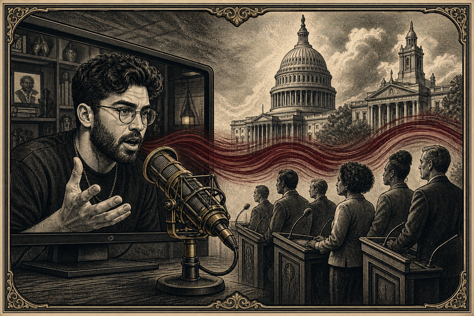 Engraved editorial portrait of Hasan Piker speaking into a broadcast microphone as an oxblood signal flows toward progressive campaign figures and the U.S. Capitol.