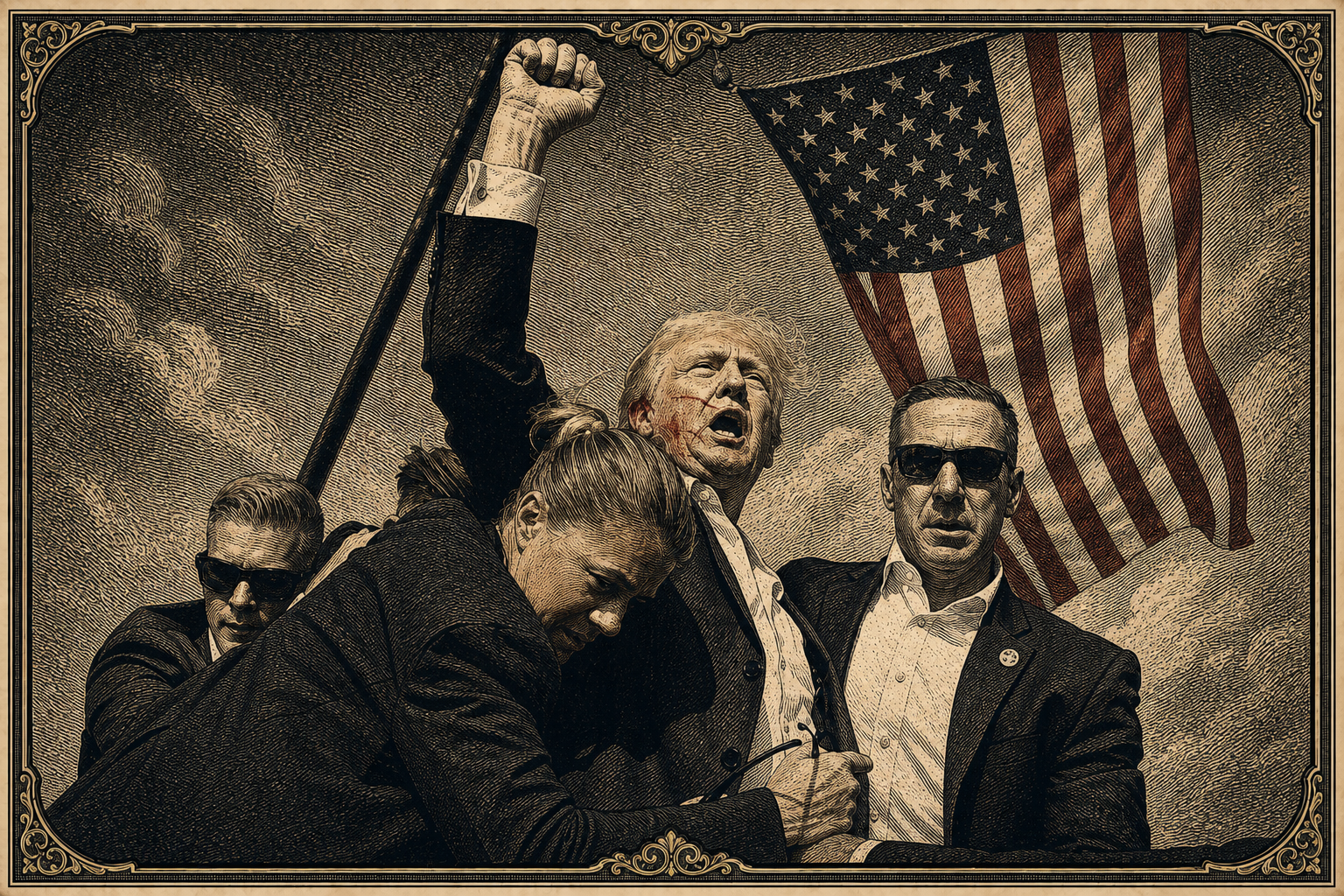 Donald Trump raises a clenched fist as Secret Service agents surround him after the July 13, 2024 assassination attempt in Butler, Pennsylvania.