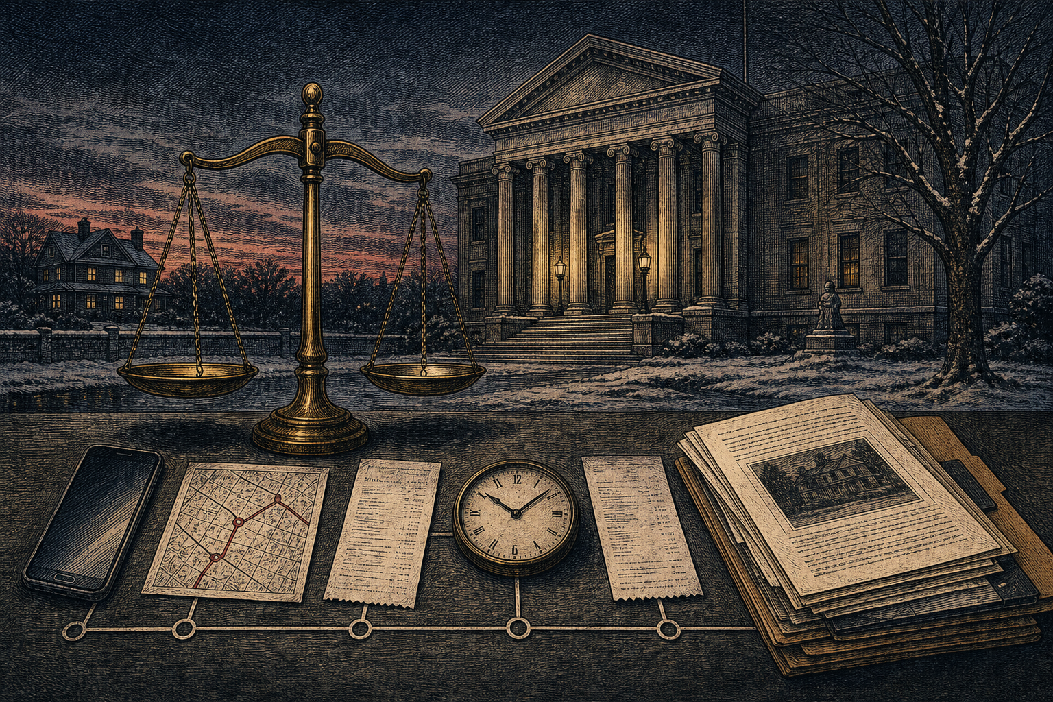 Engraved editorial illustration of a Massachusetts courthouse, balanced scales of justice, and an orderly evidence timeline made from a smartphone, map, receipts, clock, and case files.