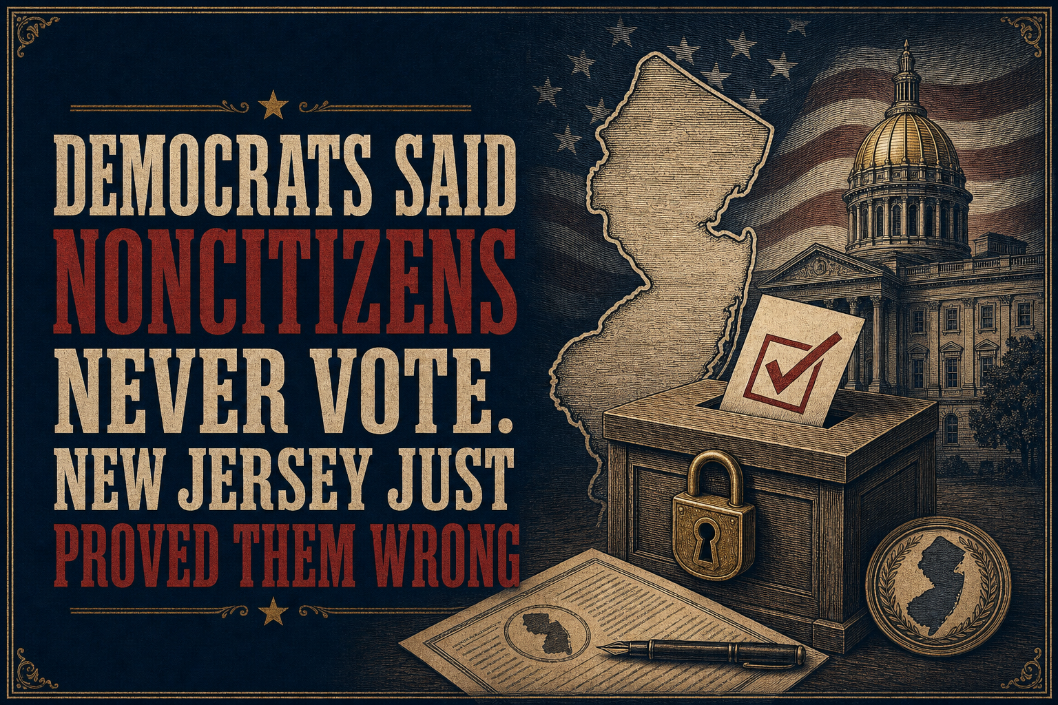 Engraved editorial illustration titled Democrats Said Noncitizens Never Vote. New Jersey Just Proved Them Wrong, featuring a secured ballot box, the outline of New Jersey, and the New Jersey State House.