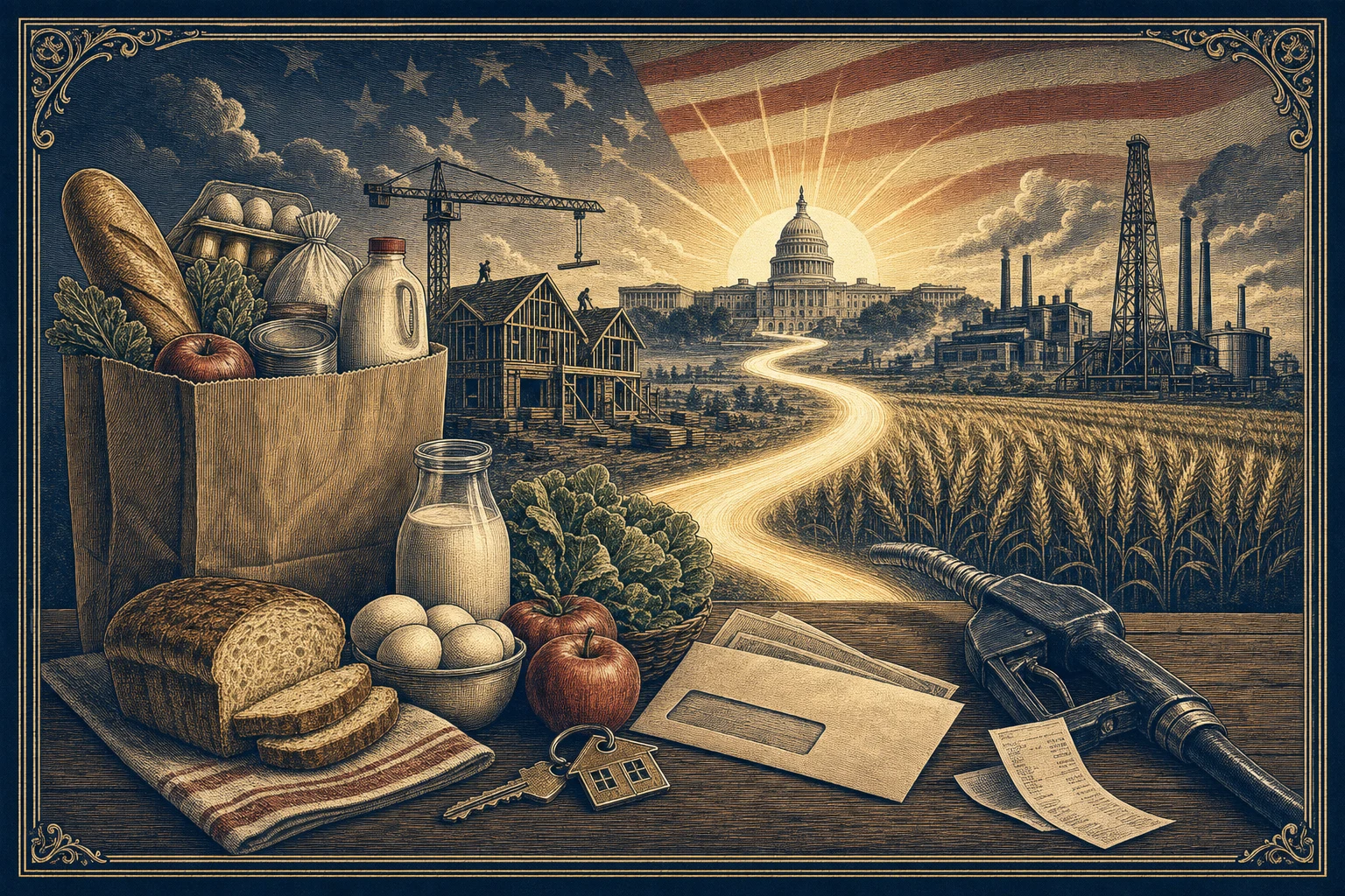 Engraved editorial illustration of household groceries, a house key, pay envelope, gas pump handle, new home construction, farmland, American industry, and the U.S. Capitol.