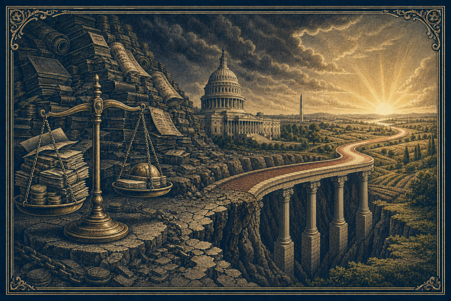 Engraved editorial illustration of the U.S. Capitol beside a mountain of federal ledgers and coins, with a balance scale and a right-turning bridge supported by five pillars leading toward sunrise.