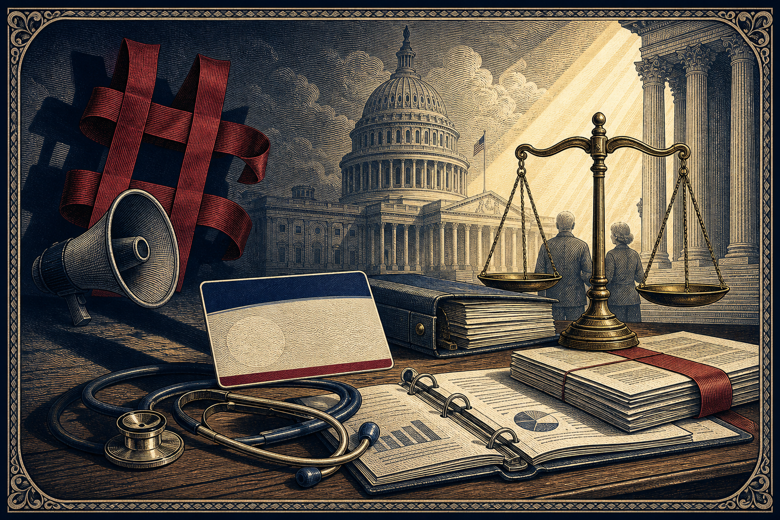 Engraved editorial illustration contrasting a red viral hashtag and megaphone with Medicare records, a stethoscope, balanced scales, senior beneficiaries, and the U.S. Capitol.