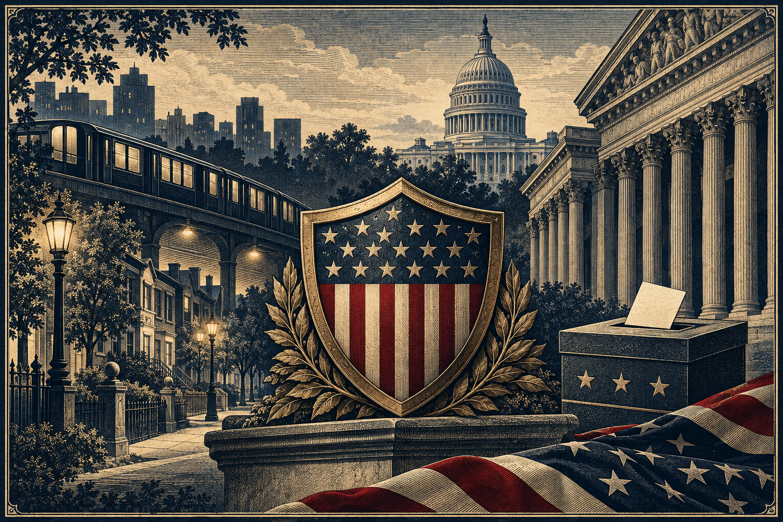 Vintage editorial illustration of a civic shield, neighborhood street, train, courthouse, Capitol, and ballot box representing public safety and national security.