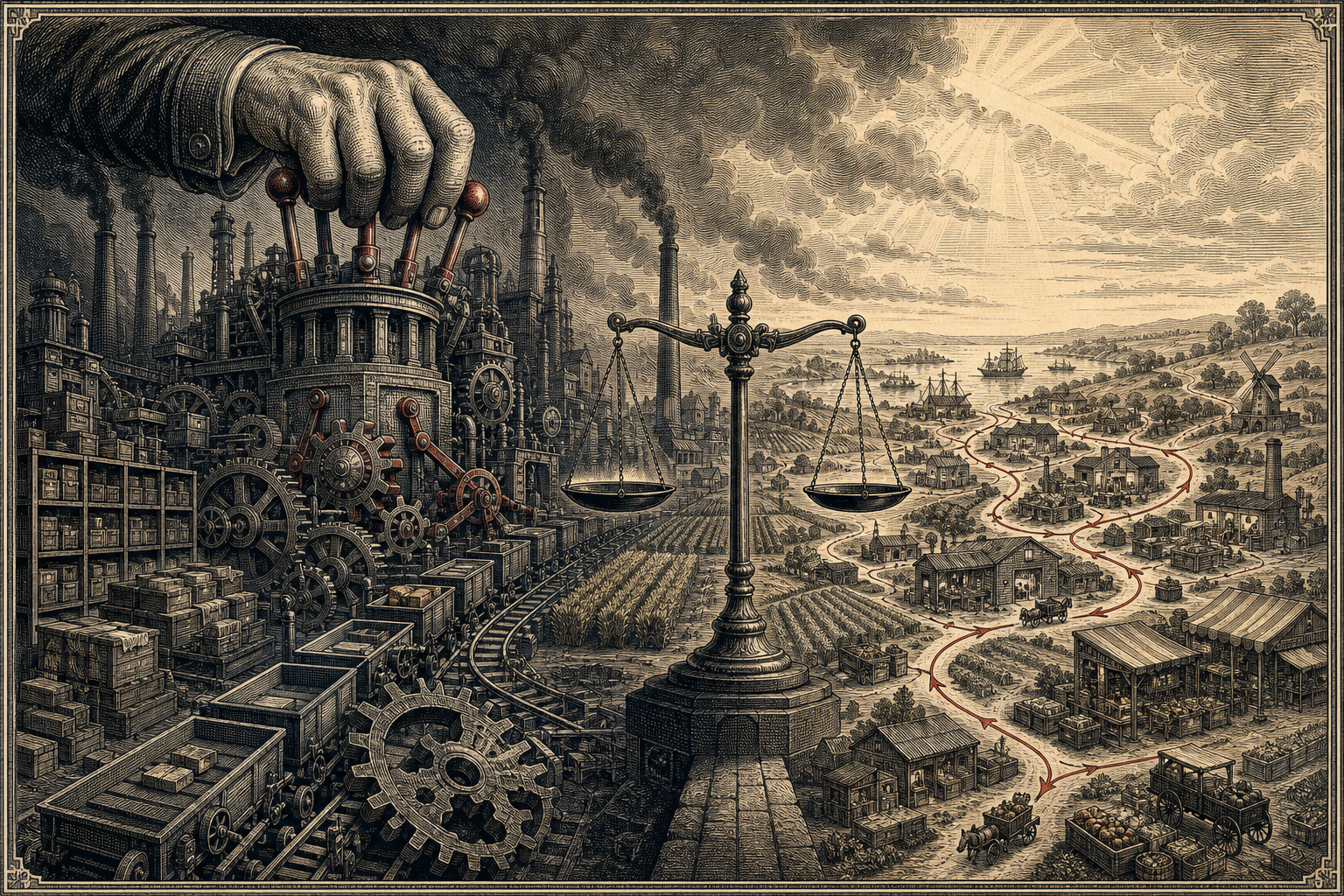 Engraved editorial illustration contrasting a rigid state planning apparatus controlling factories, machinery, and farmland with a decentralized network of independent farms, workshops, and trade routes.