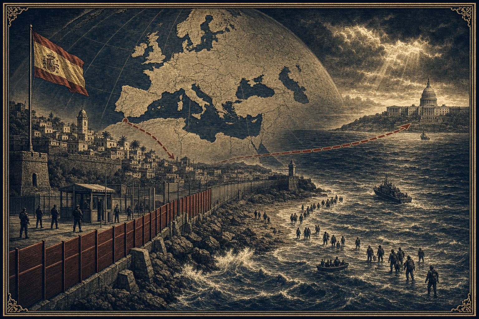 Engraved editorial illustration of Ceuta’s fortified coast and shoreline, a map of Europe, the Spanish flag, and the U.S. Capitol across the Atlantic.