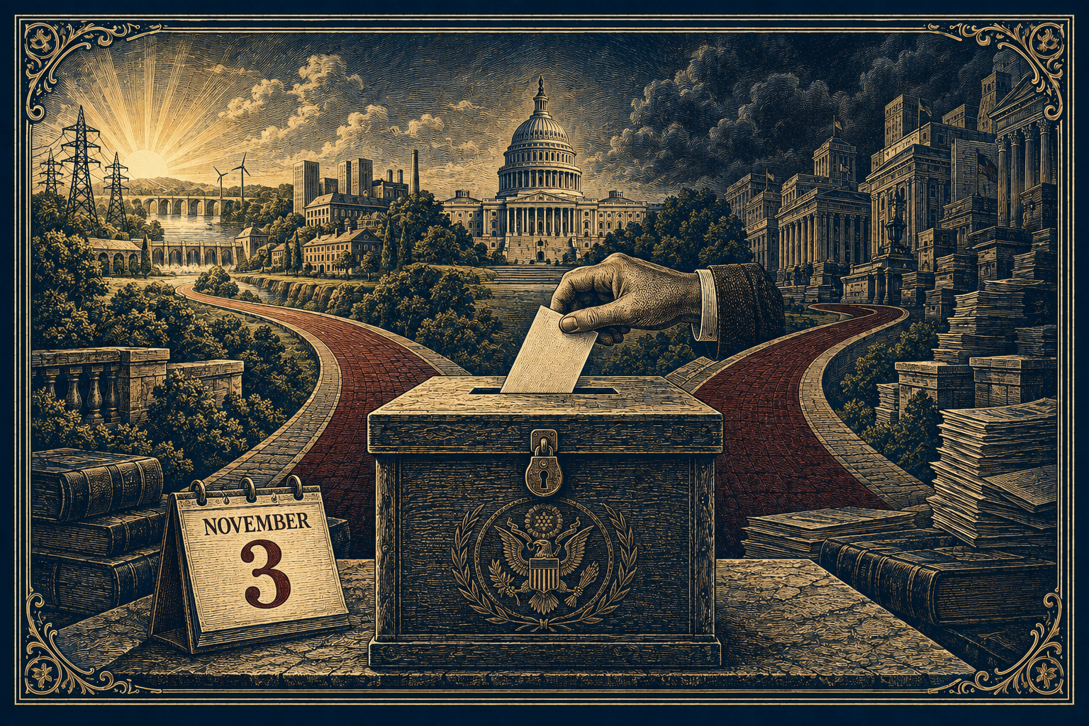Navy-and-gold engraved illustration of a ballot box, a November 3 calendar, and two diverging roads beneath the U.S. Capitol, with sunlit industry on one side and shadowed government buildings on the other.