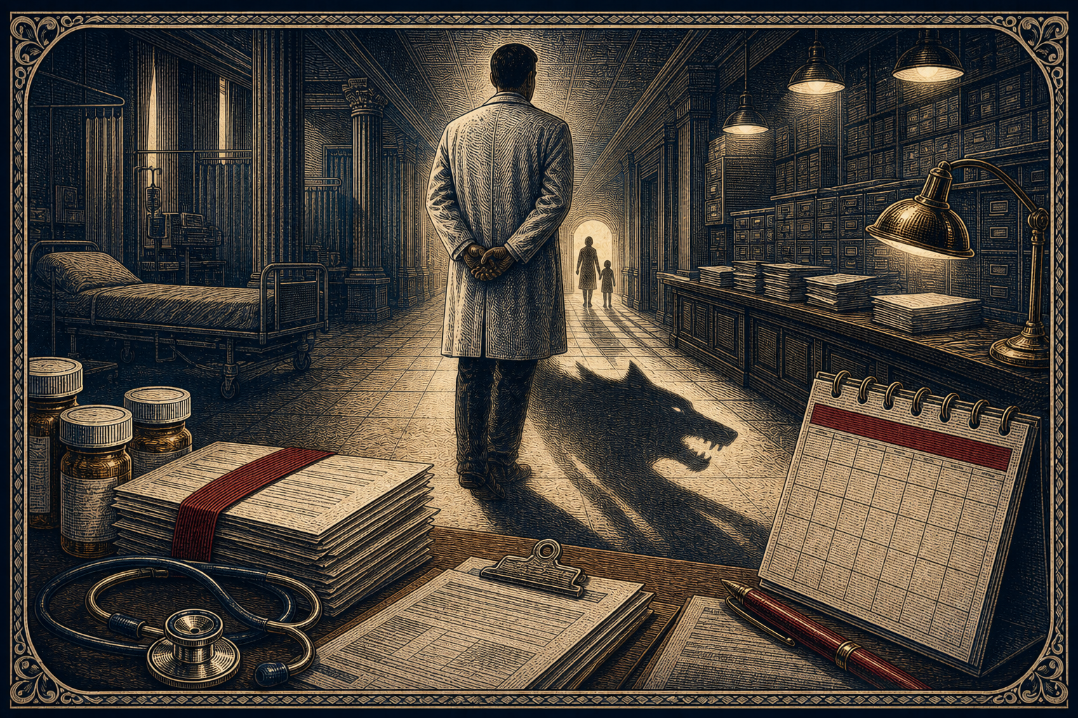 Engraved editorial illustration of a physician in a white coat casting a wolf-shaped shadow through a hospital records corridor, with medical bills, prescriptions, a stethoscope, and a treatment calendar in the foreground.